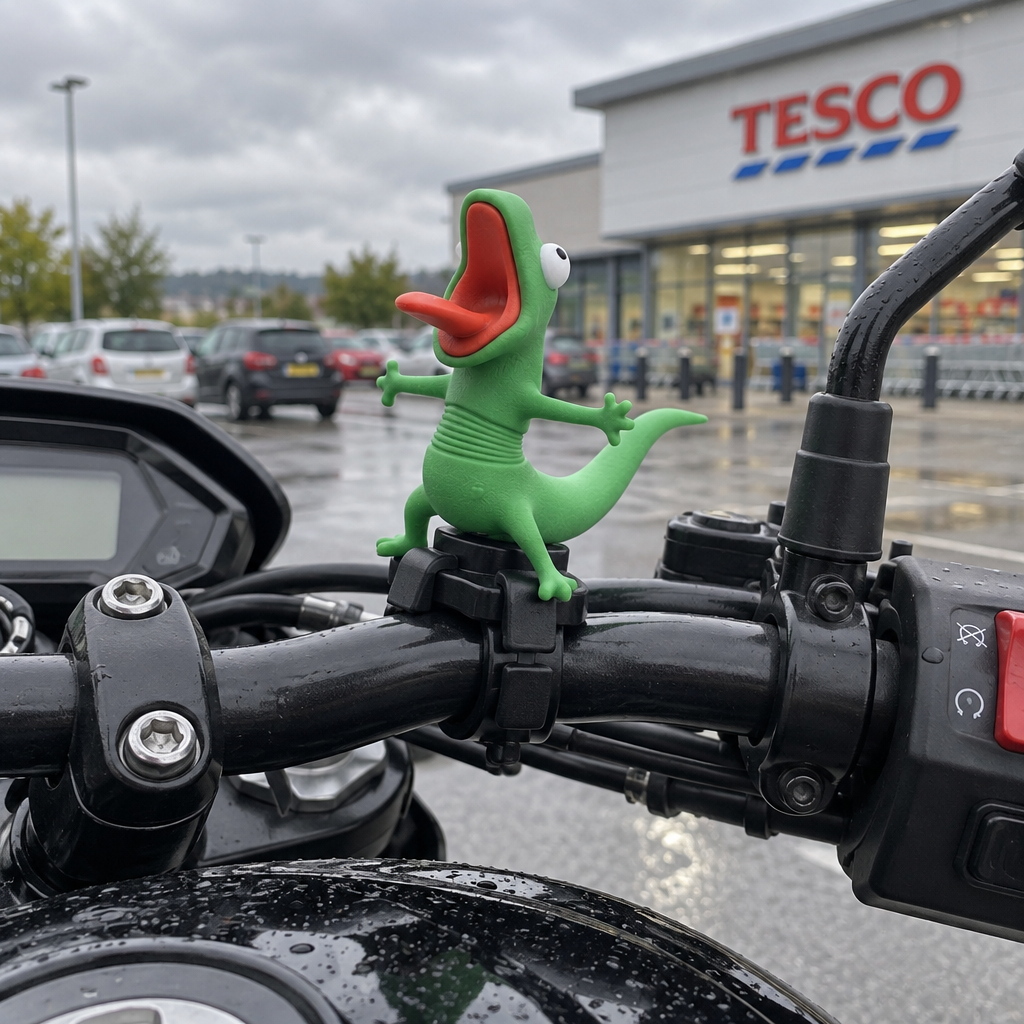MotoPal Lizard on the handlebars of a black motorcycle in the rain