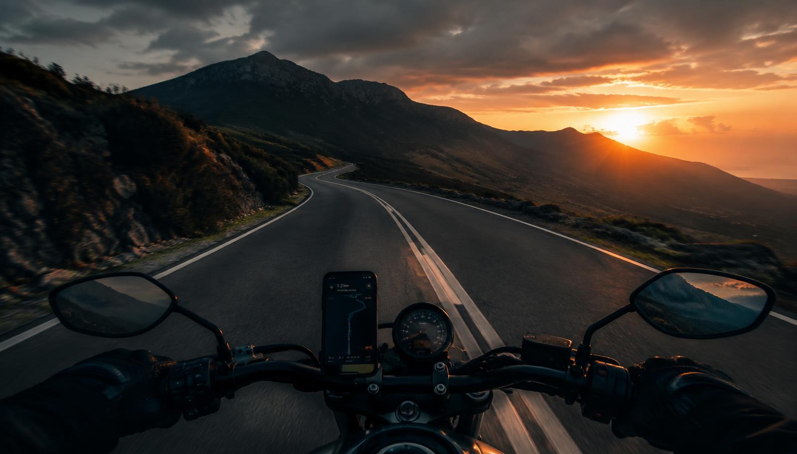 Rider's view over the handlebars on a winding mountain road at sunset